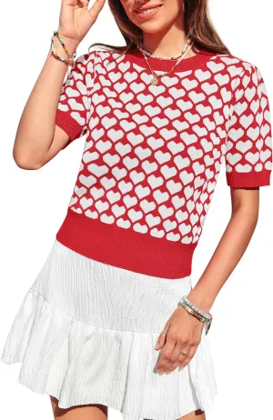 Women Puff Short Sleeve Sweater Casual Cropped Knit Shirts Cute Heart Holidays Graphic Print Pullover Jumper Tops 2025