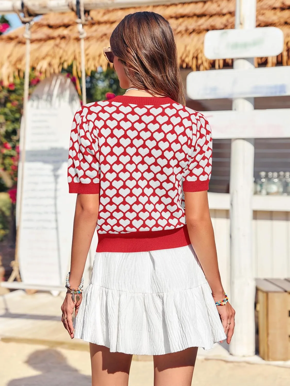 Women Puff Short Sleeve Sweater Casual Cropped Knit Shirts Cute Heart Holidays Graphic Print Pullover Jumper Tops 2025
