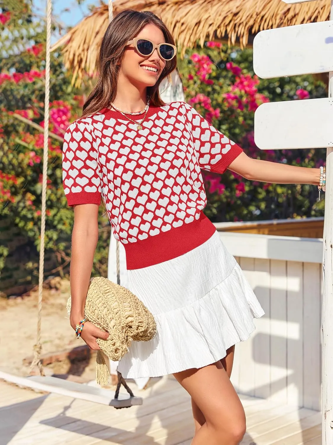 Women Puff Short Sleeve Sweater Casual Cropped Knit Shirts Cute Heart Holidays Graphic Print Pullover Jumper Tops 2025
