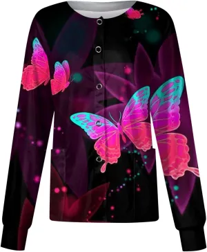 Women Scrubs Jacket Long Sleeve Snap Front Warm Up Medical Scrub Tops Butterfly Print Nurse Working Uniforms