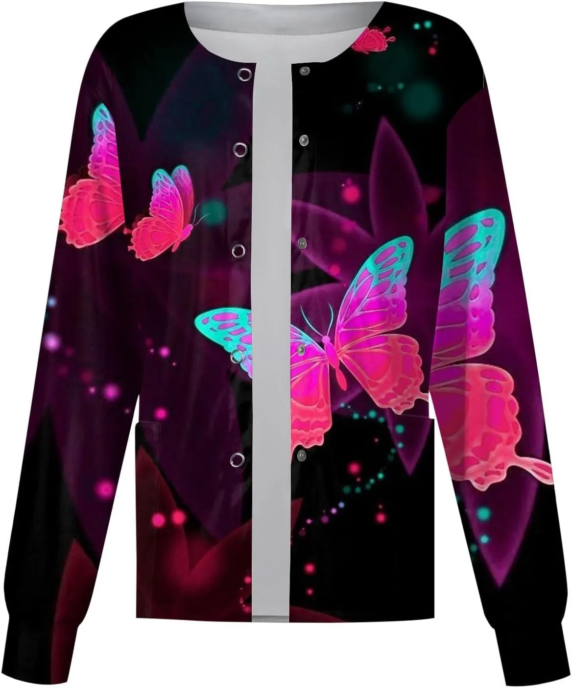 Women Scrubs Jacket Long Sleeve Snap Front Warm Up Medical Scrub Tops Butterfly Print Nurse Working Uniforms