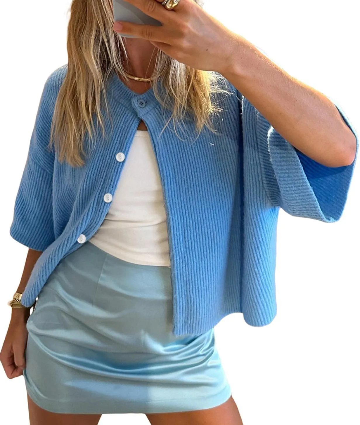 Women Short Sleeve Sweater Cropped Cardigan Button Front Knit Chunky Vest Trendy Y2k Preppy Girl Knitted Top Shirt