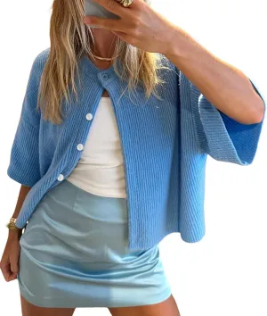 Women Short Sleeve Sweater Cropped Cardigan Button Front Knit Chunky Vest Trendy Y2k Preppy Girl Knitted Top Shirt