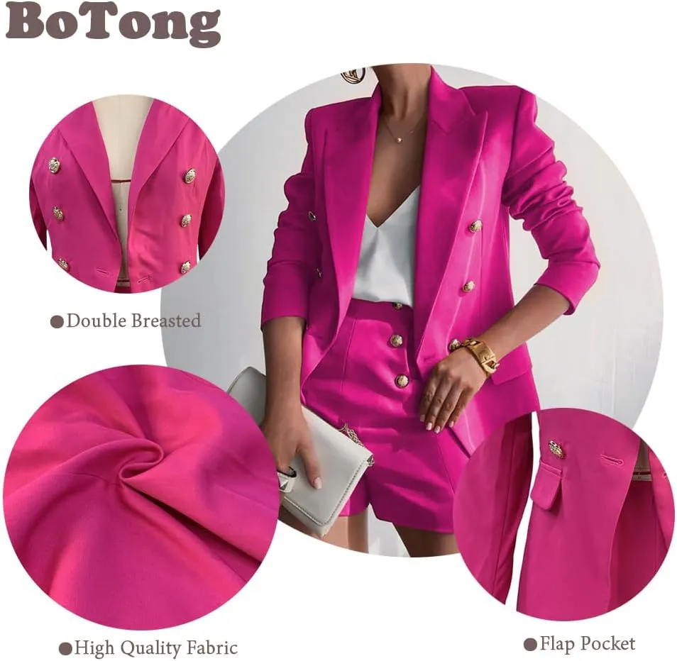 Women Suit with Shorts Ladies Office Causal Peak Lapel Double Breasted Suit Blazer and High Waisted Shorts Set