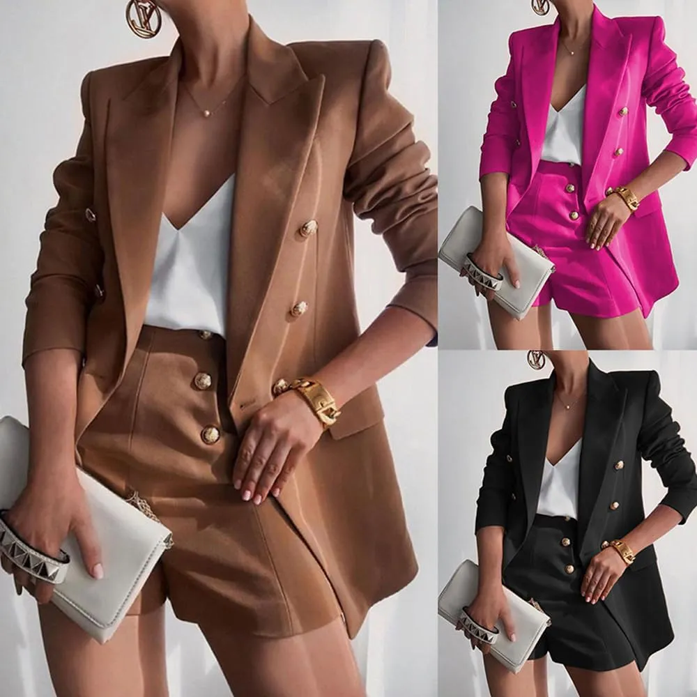 Women Suit with Shorts Ladies Office Causal Peak Lapel Double Breasted Suit Blazer and High Waisted Shorts Set