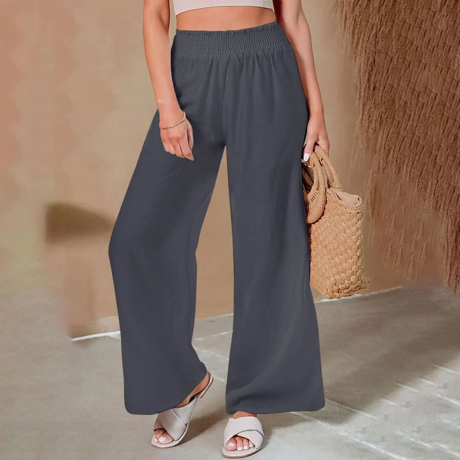 Women Summer Cotton Linen Palazzo Pants Plus Size Wide Leg Long Lounge Pant Smocked Waist Trousers with Pockets
