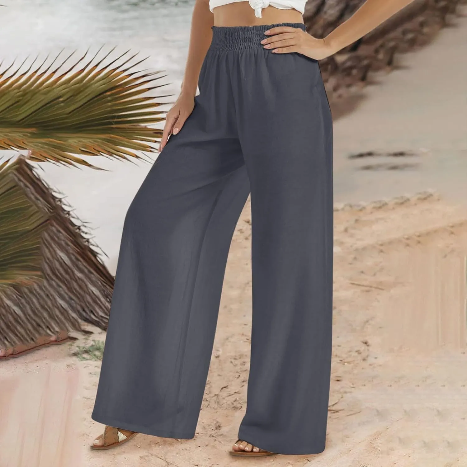 Women Summer Cotton Linen Palazzo Pants Plus Size Wide Leg Long Lounge Pant Smocked Waist Trousers with Pockets