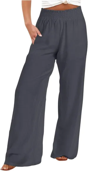 Women Summer Cotton Linen Palazzo Pants Plus Size Wide Leg Long Lounge Pant Smocked Waist Trousers with Pockets