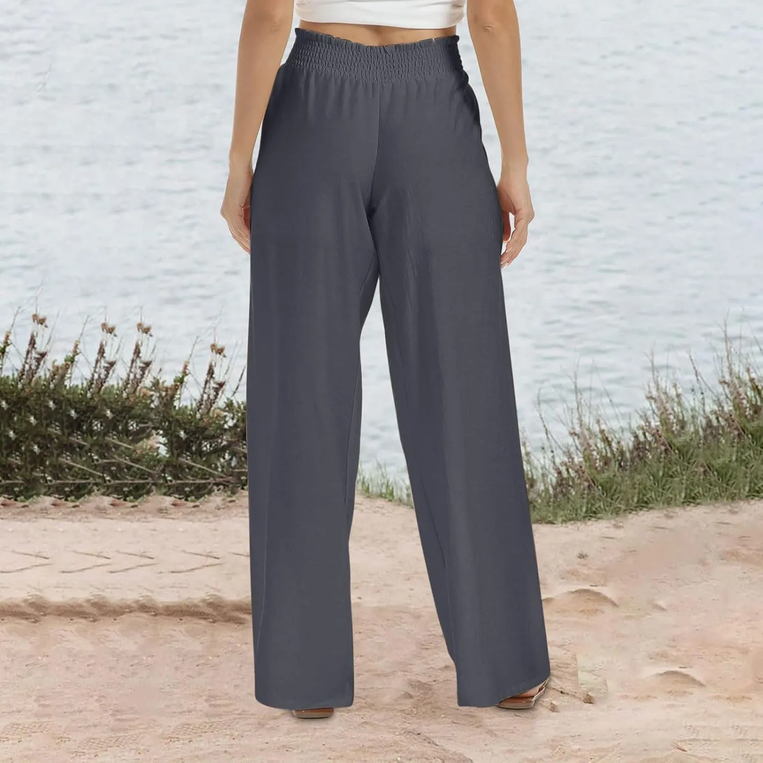 Women Summer Cotton Linen Palazzo Pants Plus Size Wide Leg Long Lounge Pant Smocked Waist Trousers with Pockets
