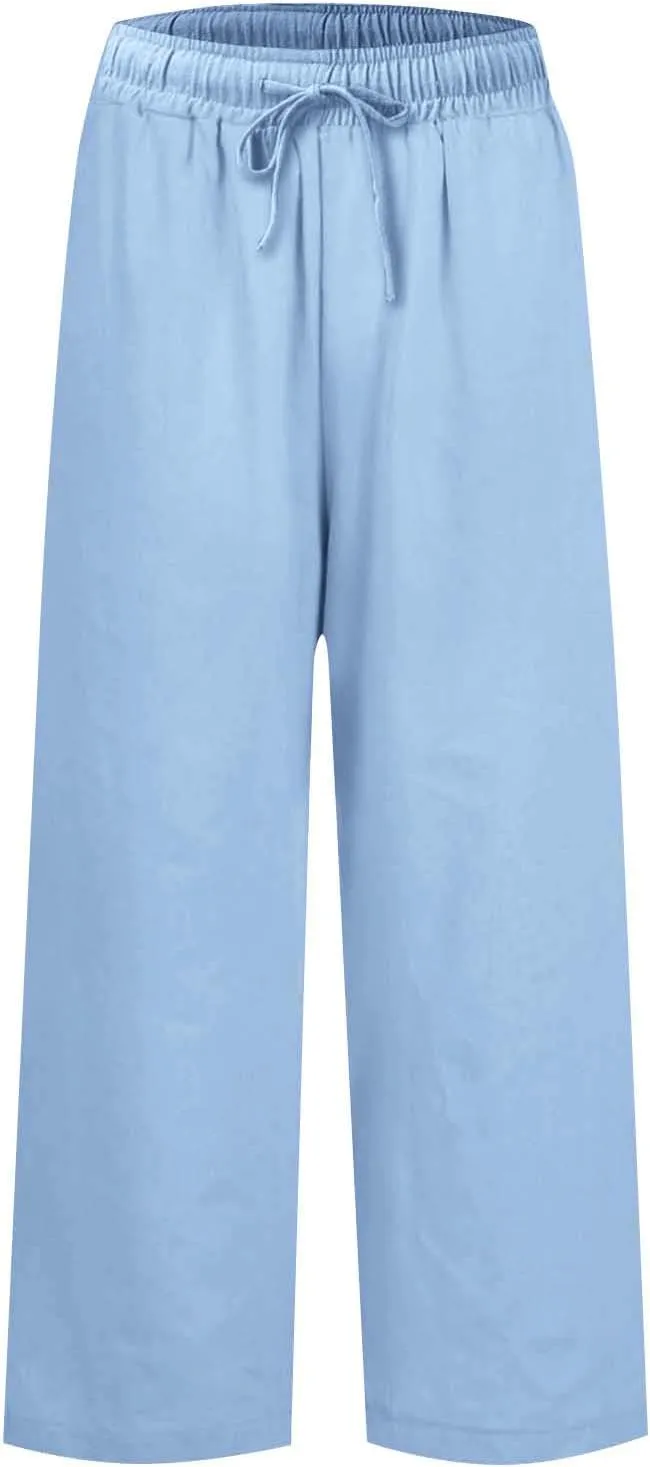 Women Summer Wide Leg Straight Trousers Casual Drawstring Waist Palazzo Pants with Pocket 2025 Cotton Linen Outfits