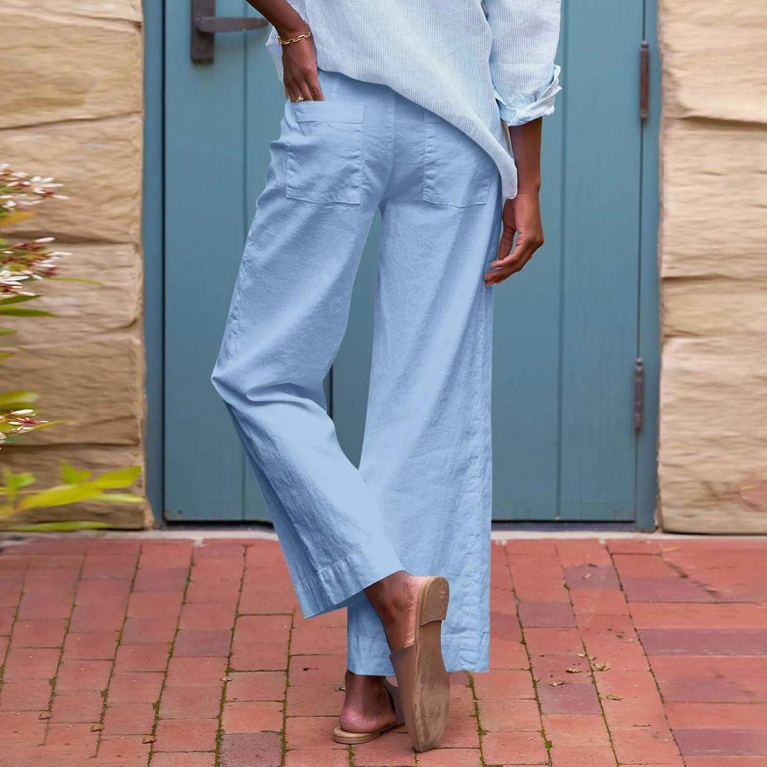 Women Summer Wide Leg Straight Trousers Casual Drawstring Waist Palazzo Pants with Pocket 2025 Cotton Linen Outfits