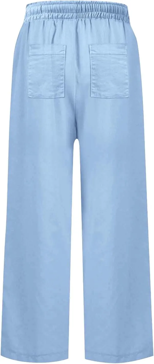 Women Summer Wide Leg Straight Trousers Casual Drawstring Waist Palazzo Pants with Pocket 2025 Cotton Linen Outfits