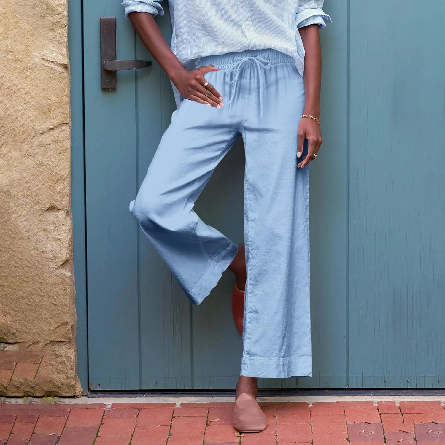 Women Summer Wide Leg Straight Trousers Casual Drawstring Waist Palazzo Pants with Pocket 2025 Cotton Linen Outfits