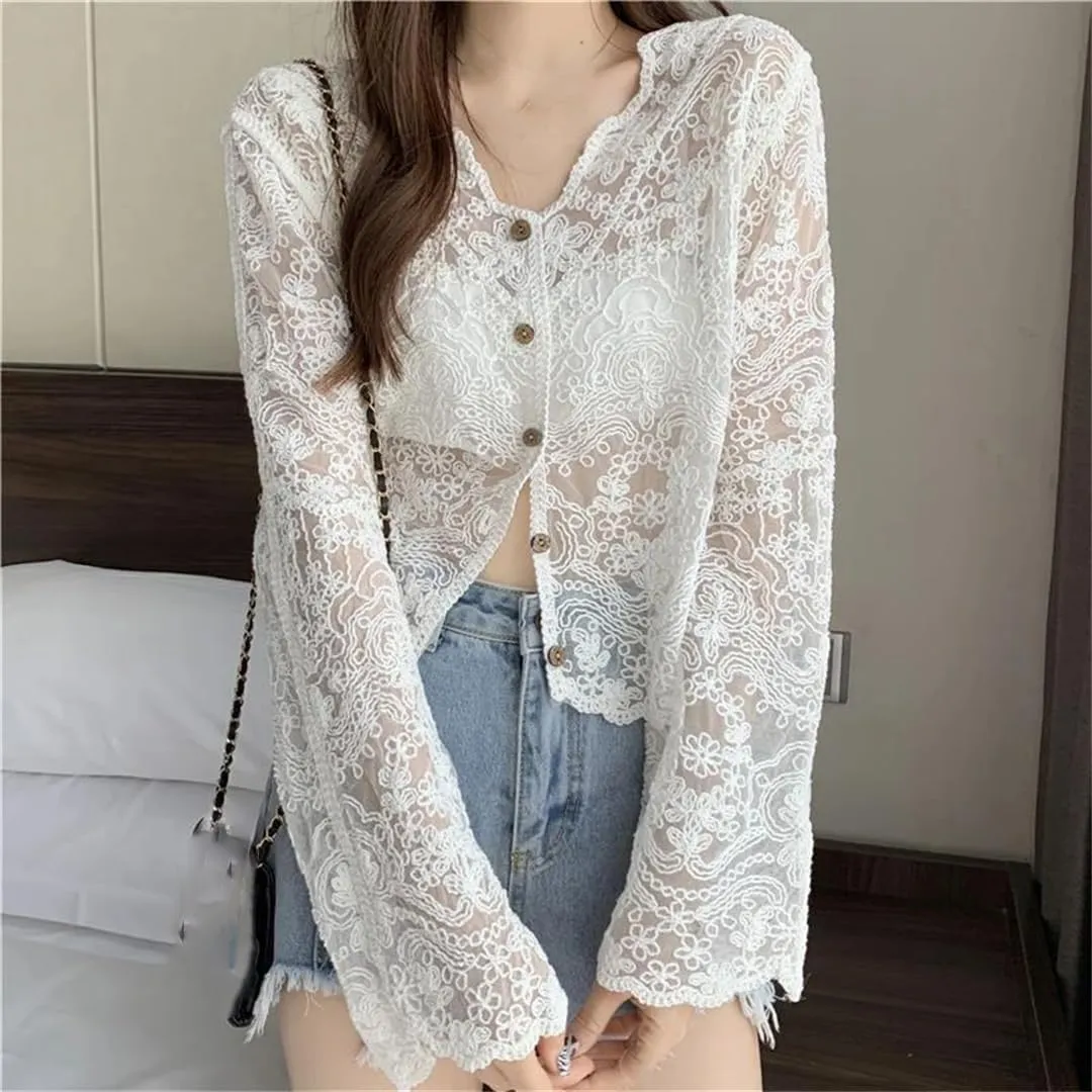 Women Vintage Lace Blouse Sheer Long Sleeve Cardigan Vacation Buttons Casual Top