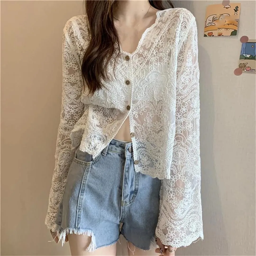 Women Vintage Lace Blouse Sheer Long Sleeve Cardigan Vacation Buttons Casual Top