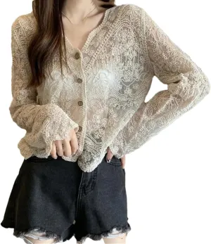 Women Vintage Lace Blouse Sheer Long Sleeve Cardigan Vacation Buttons Casual Top
