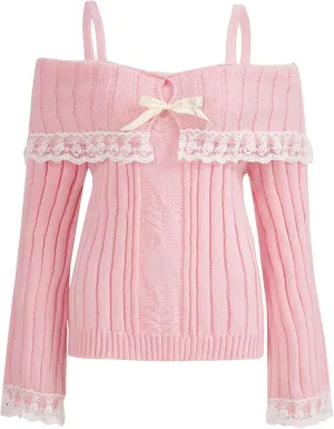 Women Y2k Bow Knit Sweater Loose Fit Long Sleeve Ribbon Drawstring Eyelet Cropped Jumper Going Out Coquette Clothes