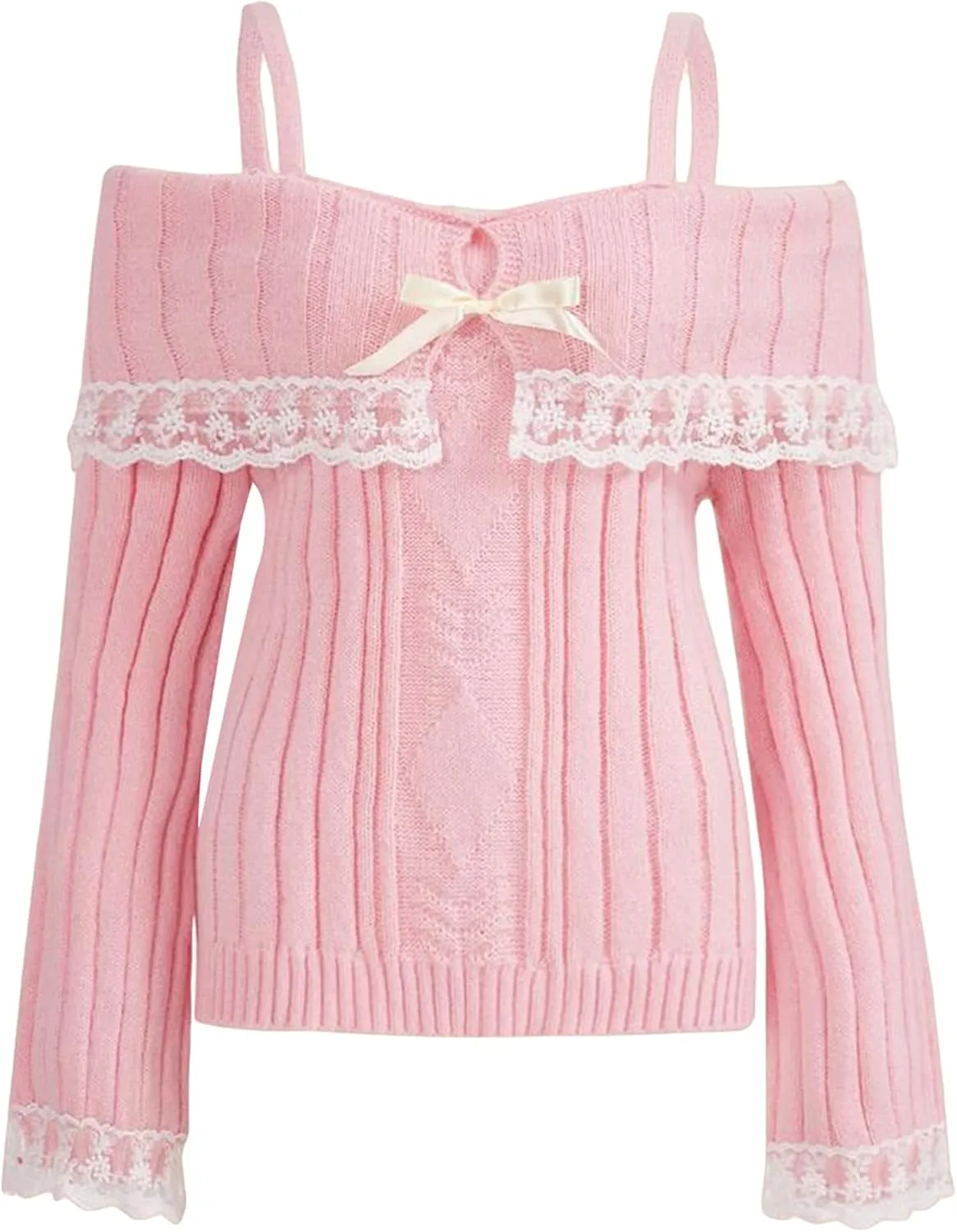 Women Y2k Bow Knit Sweater Loose Fit Long Sleeve Ribbon Drawstring Eyelet Cropped Jumper Going Out Coquette Clothes