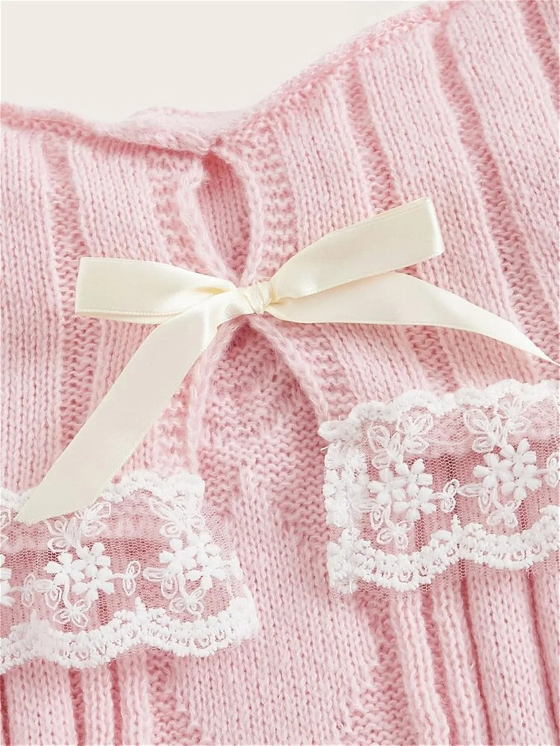 Women Y2k Bow Knit Sweater Loose Fit Long Sleeve Ribbon Drawstring Eyelet Cropped Jumper Going Out Coquette Clothes