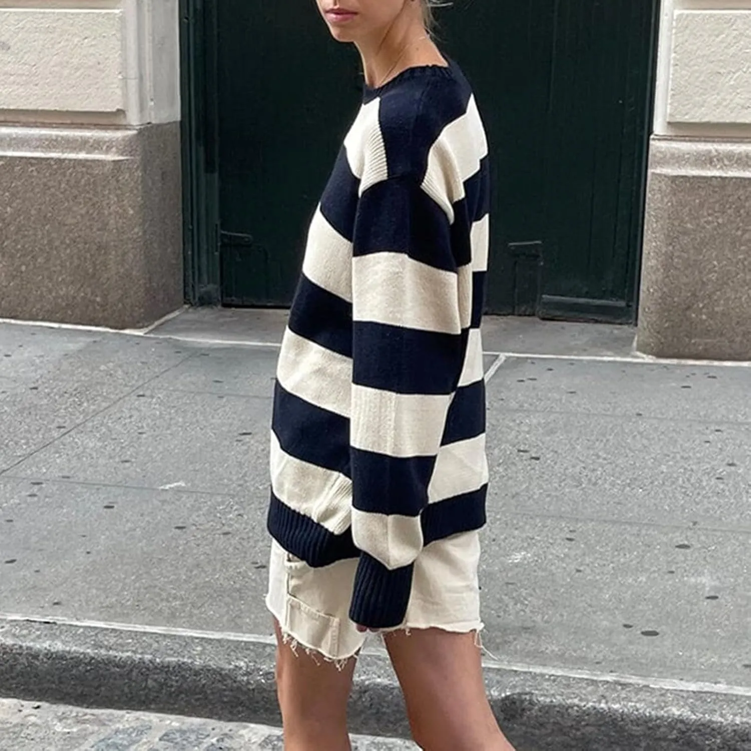 Women Y2K Striped Sweater Knit Oversized Long Sleeve Pullover Sweaters 90S Harajuku Preppy E-Girl Streetwear