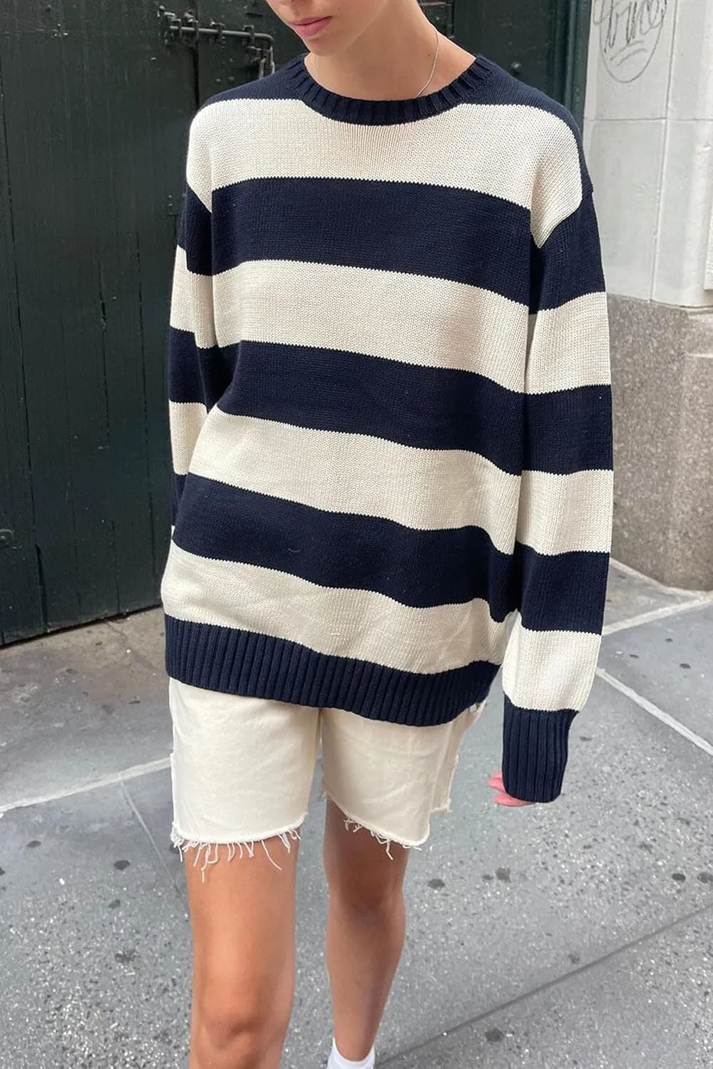 Women Y2K Striped Sweater Knit Oversized Long Sleeve Pullover Sweaters 90S Harajuku Preppy E-Girl Streetwear