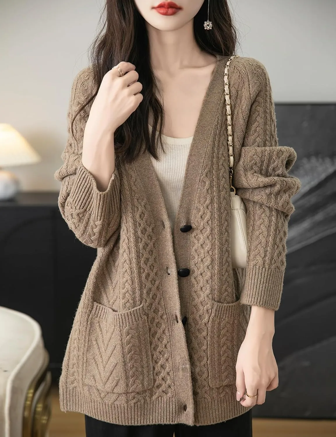 Women's 100% Merino Wool Sweater 2025 Fall Winter V Neck Long Sleeve Vintage Cable Knitted Cardigan Sweater