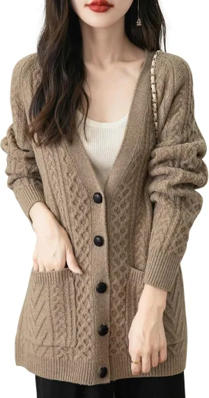 Women's 100% Merino Wool Sweater 2025 Fall Winter V Neck Long Sleeve Vintage Cable Knitted Cardigan Sweater