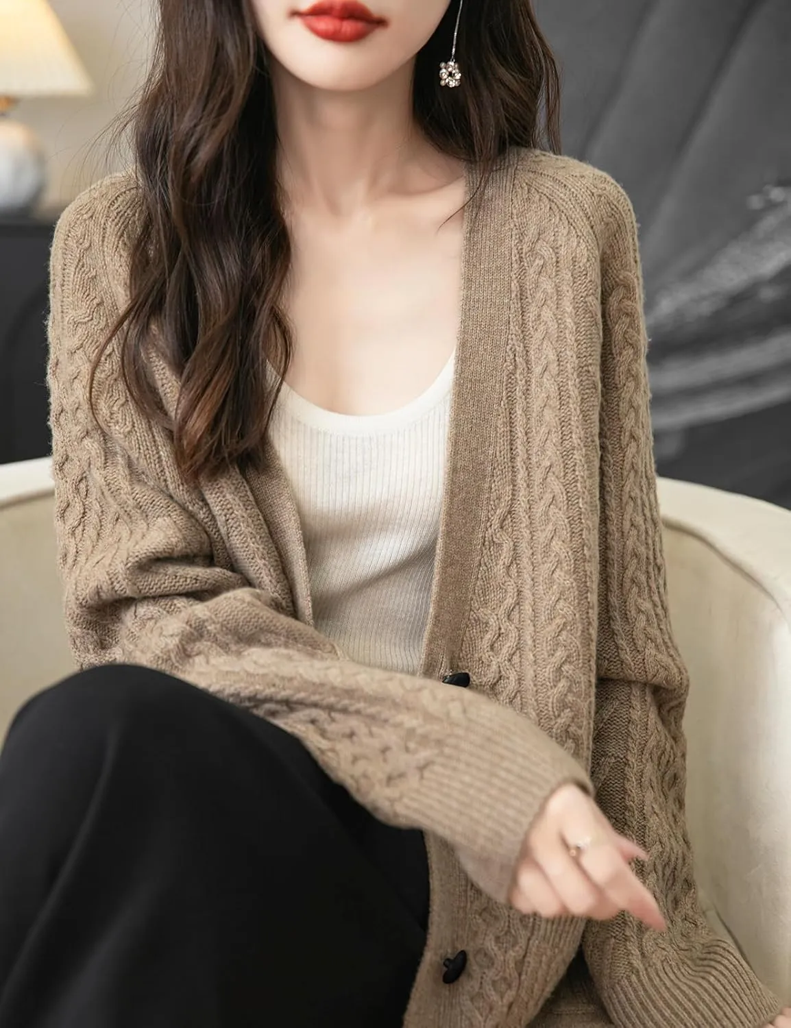 Women's 100% Merino Wool Sweater 2025 Fall Winter V Neck Long Sleeve Vintage Cable Knitted Cardigan Sweater