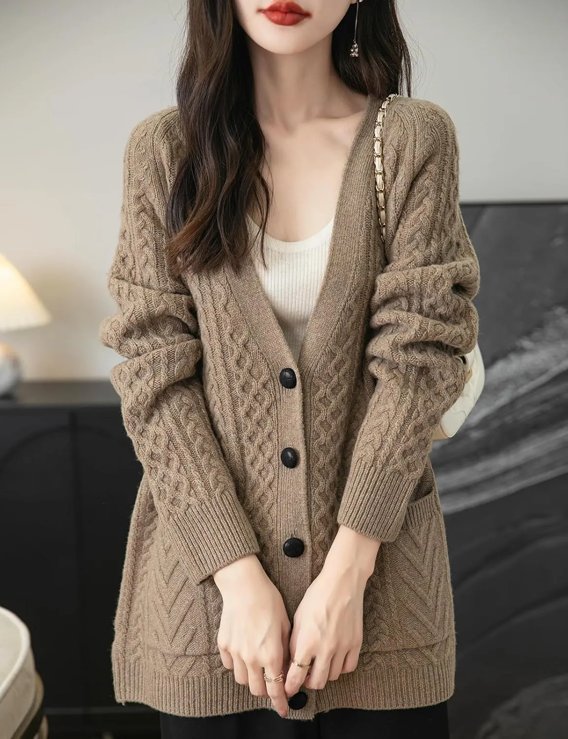 Women's 100% Merino Wool Sweater 2025 Fall Winter V Neck Long Sleeve Vintage Cable Knitted Cardigan Sweater
