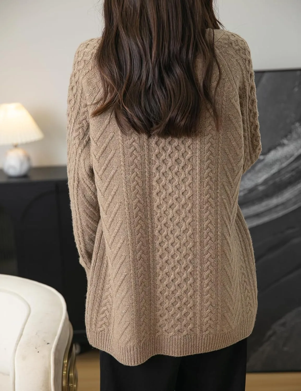 Women's 100% Merino Wool Sweater 2025 Fall Winter V Neck Long Sleeve Vintage Cable Knitted Cardigan Sweater