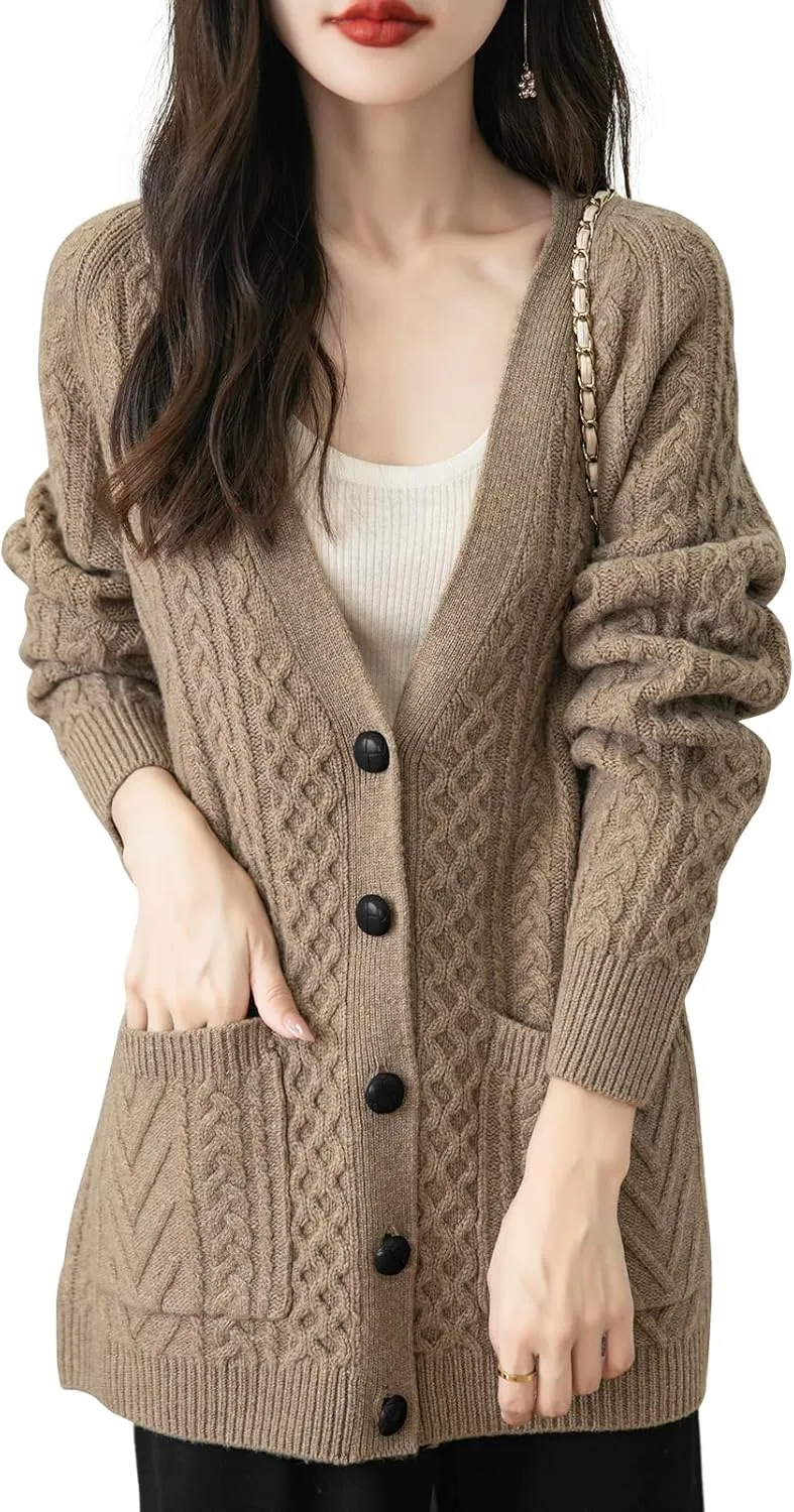 Women's 100% Merino Wool Sweater 2025 Fall Winter V Neck Long Sleeve Vintage Cable Knitted Cardigan Sweater