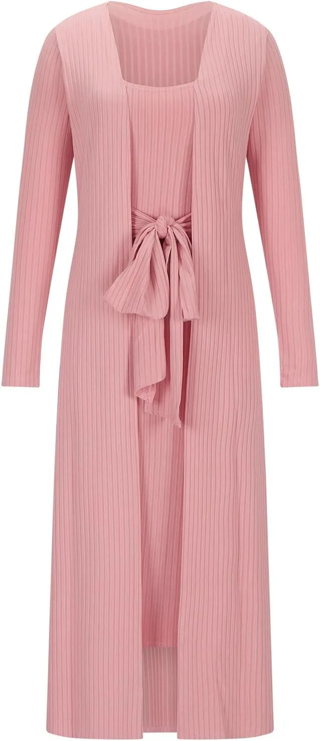 Women's 2 Piece Knitted Outfits Spaghetti Strap Bodycon Midi Dress with Belted Sexy Open Front Long Cardigan Set