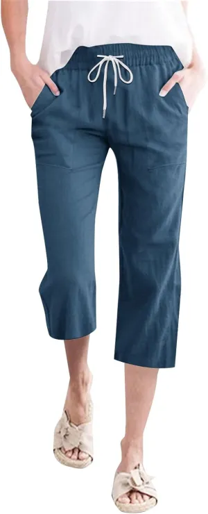 Womens 2025 Summer Capri Pants Cotton Linen Straight Leg Cropped Trousers High Waist Shorts Casual Pant with Pockets