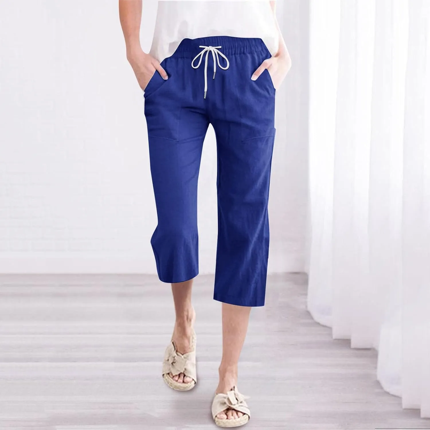 Womens 2025 Summer Capri Pants Cotton Linen Straight Leg Cropped Trousers High Waist Shorts Casual Pant with Pockets