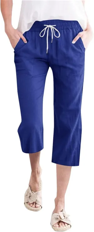 Womens 2025 Summer Capri Pants Cotton Linen Straight Leg Cropped Trousers High Waist Shorts Casual Pant with Pockets