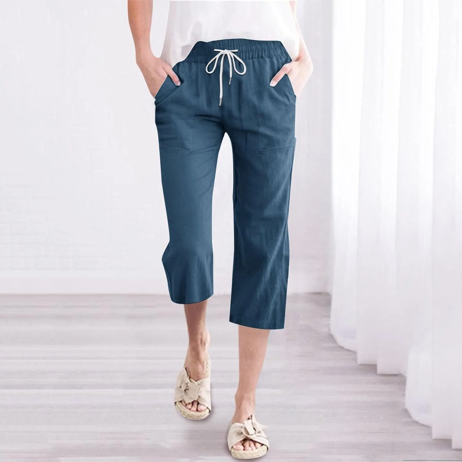 Womens 2025 Summer Capri Pants Cotton Linen Straight Leg Cropped Trousers High Waist Shorts Casual Pant with Pockets