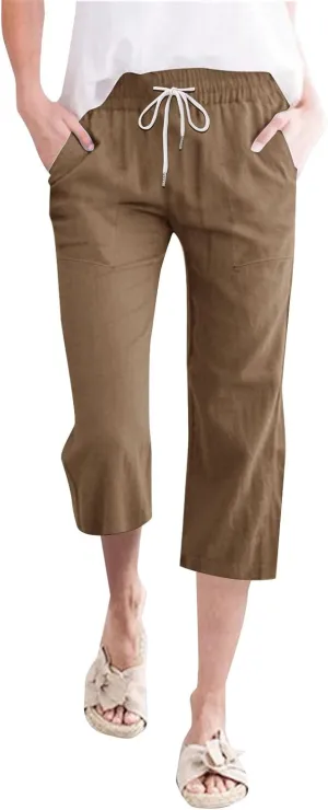 Womens 2025 Summer Capri Pants Cotton Linen Straight Leg Cropped Trousers High Waist Shorts Casual Pant with Pockets