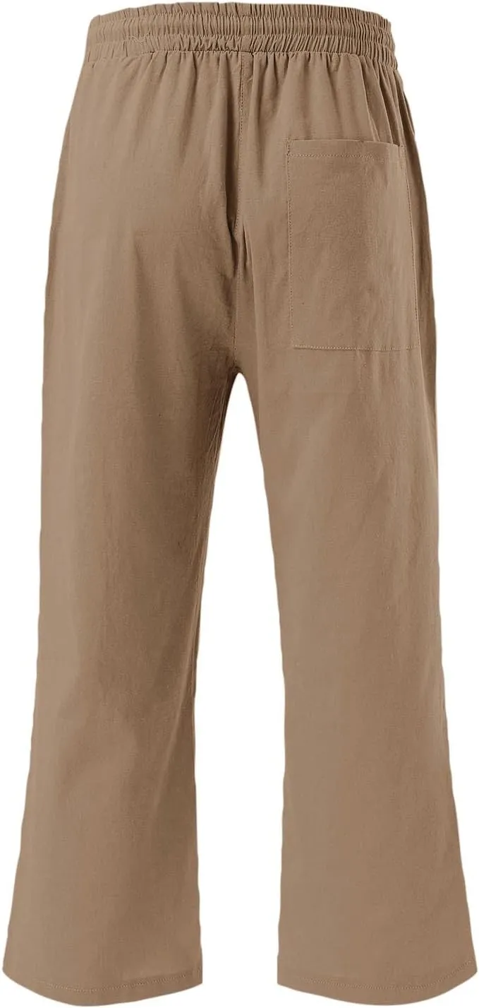 Womens 2025 Summer Capri Pants Cotton Linen Straight Leg Cropped Trousers High Waist Shorts Casual Pant with Pockets