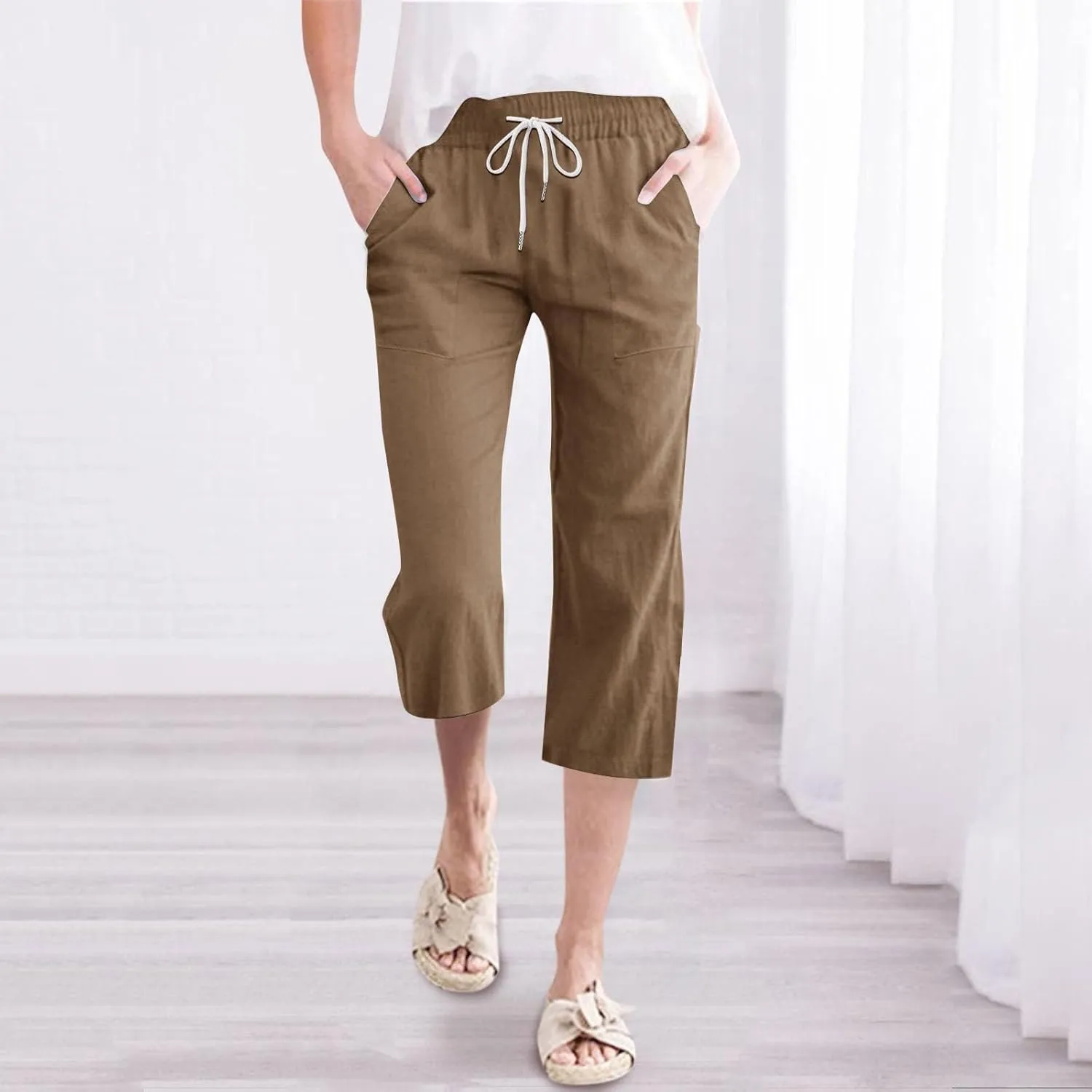 Womens 2025 Summer Capri Pants Cotton Linen Straight Leg Cropped Trousers High Waist Shorts Casual Pant with Pockets