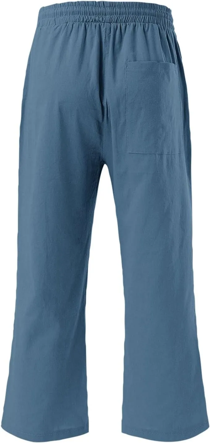 Womens 2025 Summer Capri Pants Cotton Linen Straight Leg Cropped Trousers High Waist Shorts Casual Pant with Pockets