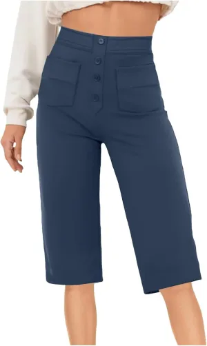 Womens Baggy Wide Leg Pants Womens Capri Pants Drawstring High Rise Side Striped Slouchy Palazzo with Pockets High