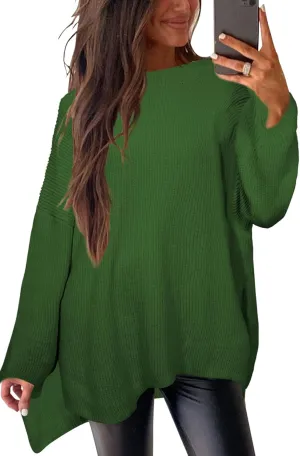 Women's Batwing Long Sleeve Oversized Sweaters Fall Loose Fit Knitted Side Slit Pullover Tops