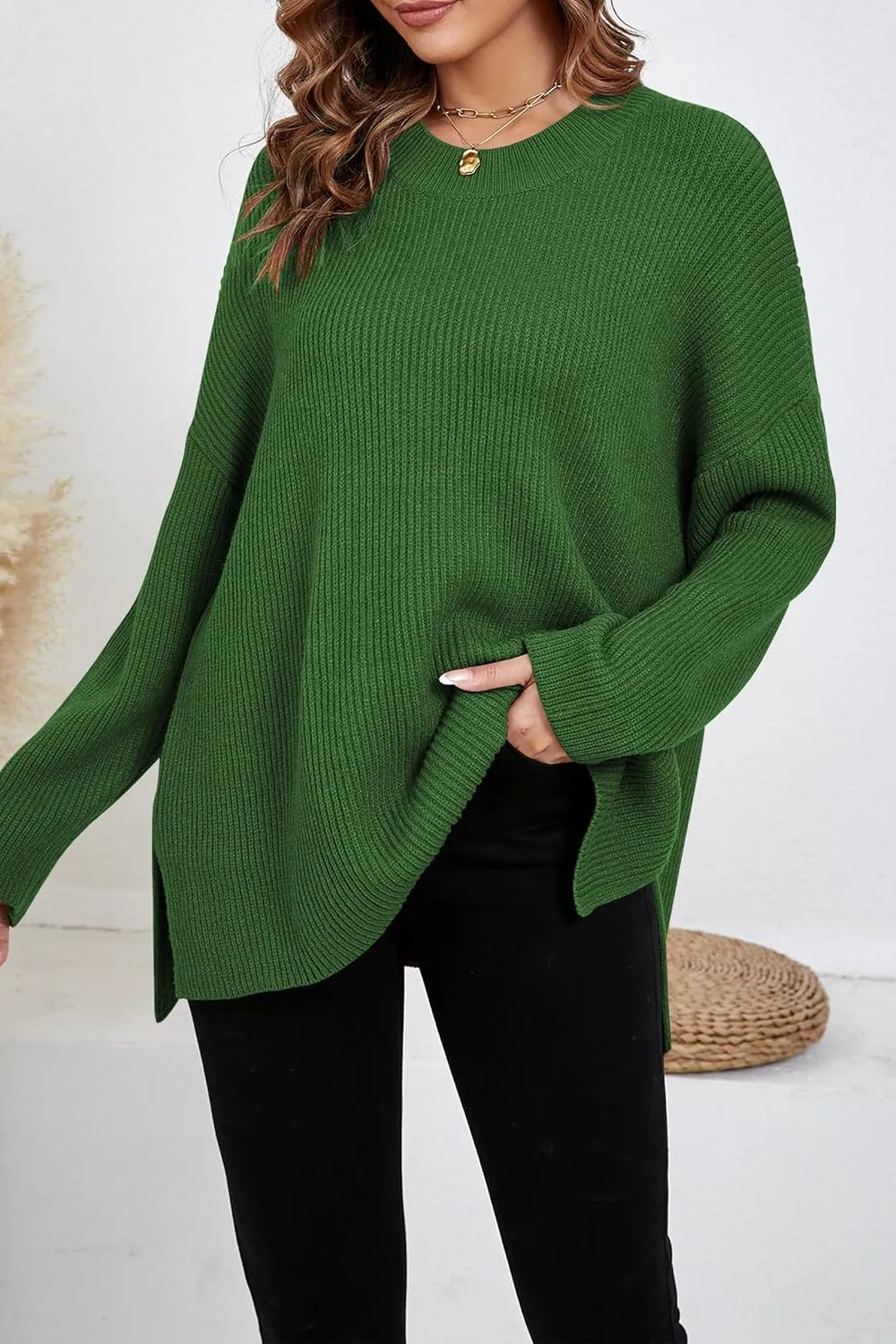 Women's Batwing Long Sleeve Oversized Sweaters Fall Loose Fit Knitted Side Slit Pullover Tops