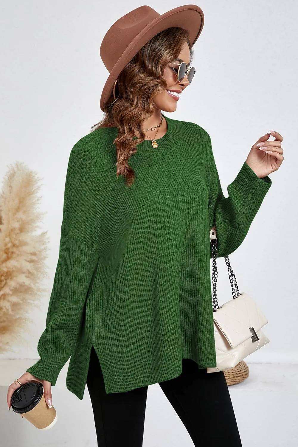 Women's Batwing Long Sleeve Oversized Sweaters Fall Loose Fit Knitted Side Slit Pullover Tops