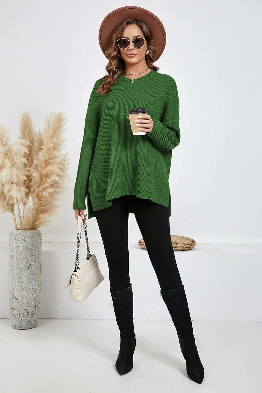 Women's Batwing Long Sleeve Oversized Sweaters Fall Loose Fit Knitted Side Slit Pullover Tops