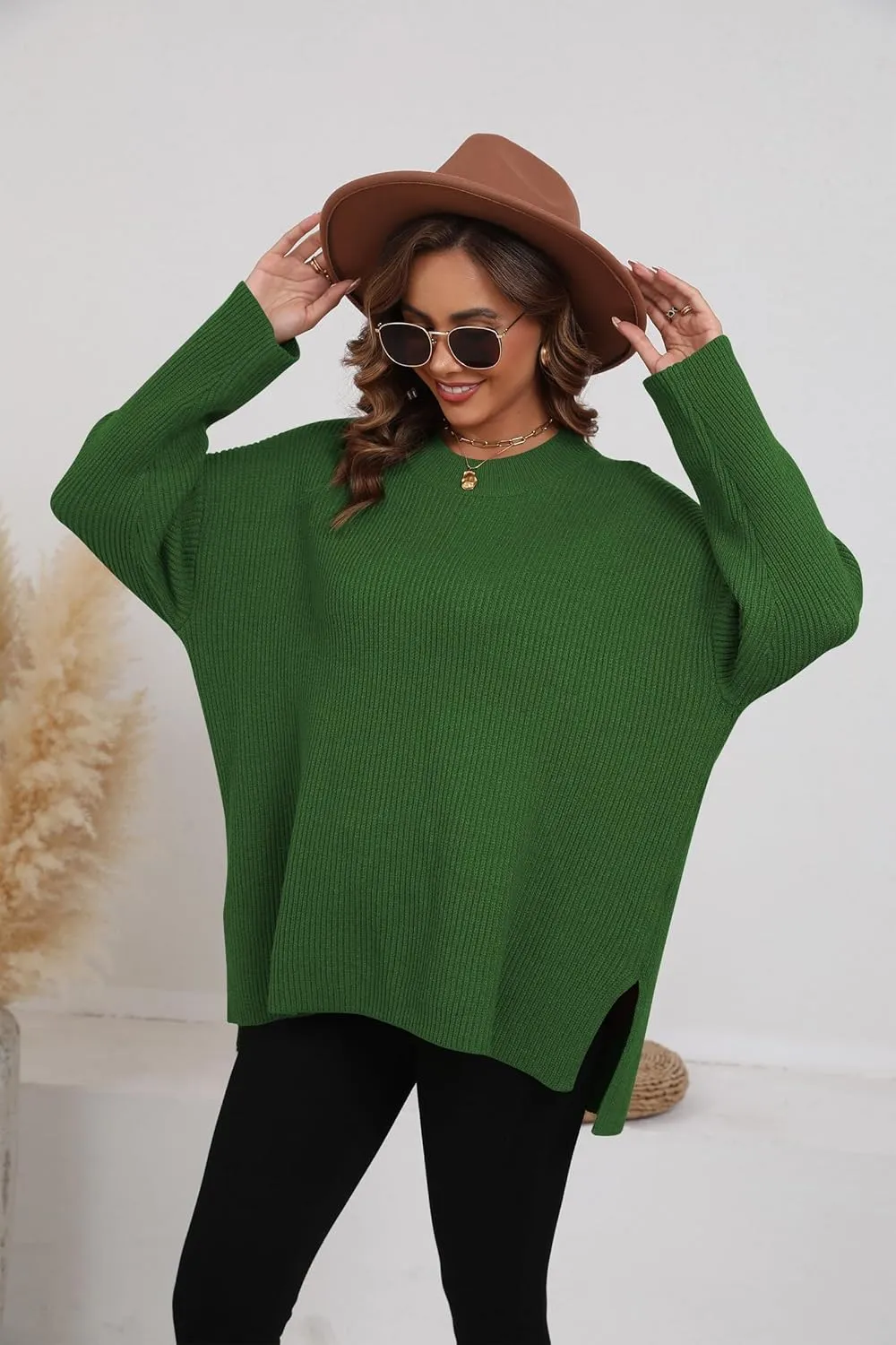 Women's Batwing Long Sleeve Oversized Sweaters Fall Loose Fit Knitted Side Slit Pullover Tops