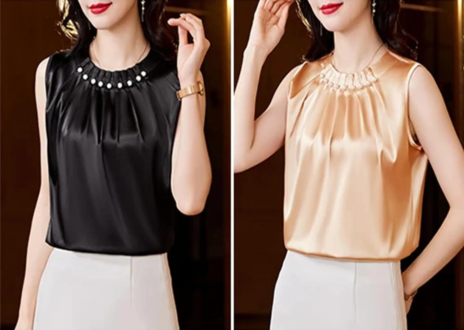 Women's Beaded Satin Pleated Tank Top Lightweight & Breathable Summer Camisole for Work Office Casual Loose Fit Crewneck Vest
