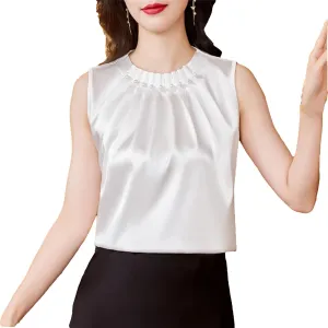 Women's Beaded Satin Pleated Tank Top Lightweight & Breathable Summer Camisole for Work Office Casual Loose Fit Crewneck Vest