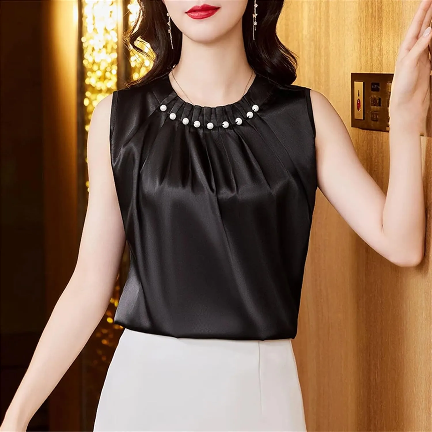 Women's Beaded Satin Pleated Tank Top Lightweight & Breathable Summer Camisole for Work Office Casual Loose Fit Crewneck Vest