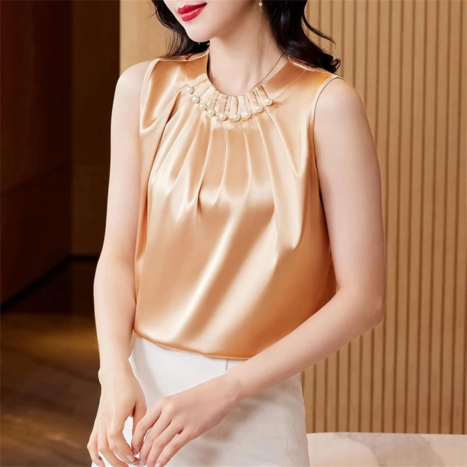 Women's Beaded Satin Pleated Tank Top Lightweight & Breathable Summer Camisole for Work Office Casual Loose Fit Crewneck Vest